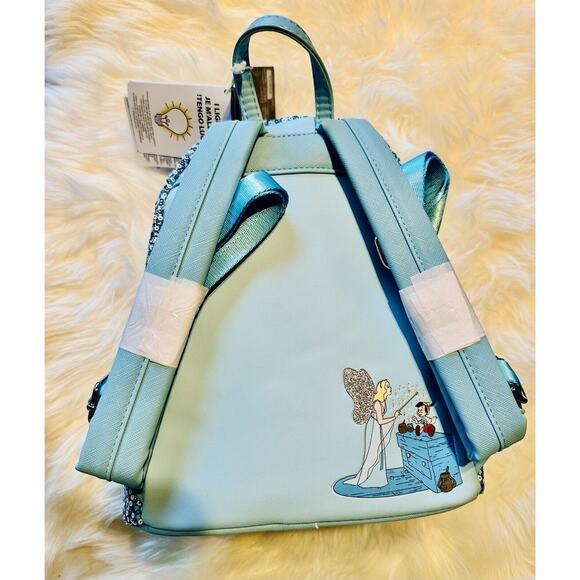 *NEW LIGHT UP EXCLUSIVE* Loungefly Pinocchio Blue Fairy Sequin Mini Backpack - Picture 2 of 6